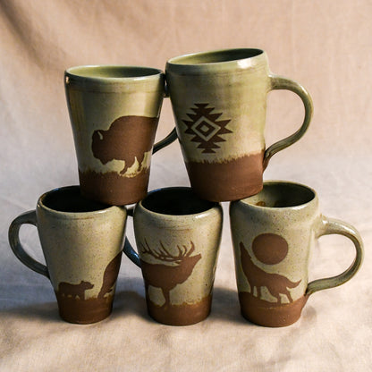 Wild Rojo 5-mug set in sage green with 5 original designs of a bison, elk, aztec, wolf, and bears.
