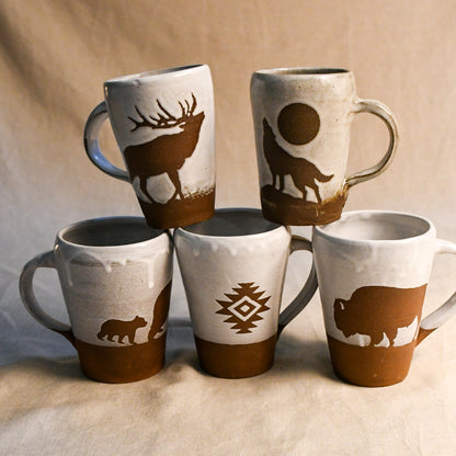 Wild Rojo 5-mug set in white with 5 original designs of a bison, elk, aztec, wolf, and bears.