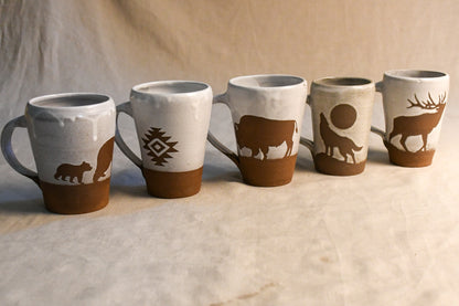 Wild Rojo 5-mug set in white with 5 original designs of a bison, elk, aztec, wolf, and bears.
