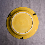Bottom view of a yellow ceramic dinner plate showing exposed stoneware clay and texture
