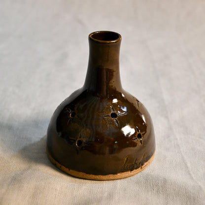 Handmade countertop chiminea, wheel thrown, hand-carved, fit for a tea light and glazed in Coffee Bean glaze. 