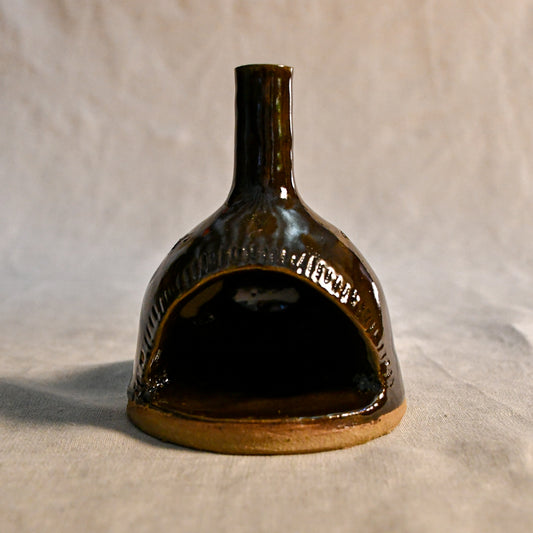 Handmade countertop chiminea, wheel thrown, hand-carved, fit for a tea light and glazed in Coffee Bean glaze. 