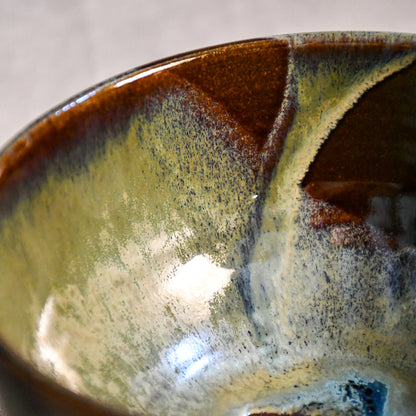 Handmade ceramic chili bowl by Leigh Art featuring Espuela glaze with one-of-a-kind earth-tone movement and wheel-thrown craftsmanship.