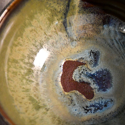Handmade ceramic chili bowl by Leigh Art featuring Espuela glaze with one-of-a-kind earth-tone movement and wheel-thrown craftsmanship.