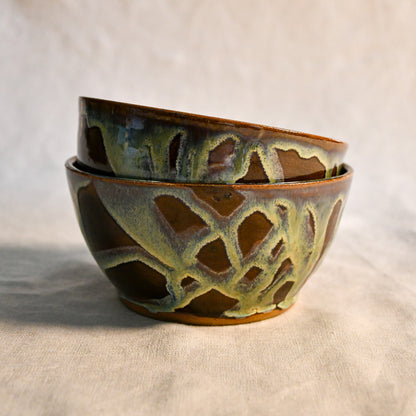 Handmade ceramic chili bowl by Leigh Art featuring Espuela glaze with one-of-a-kind earth-tone movement and wheel-thrown craftsmanship.